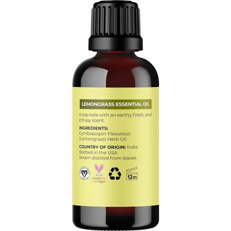 Dark amber glass bottle with black cap containing pure essential oils of lemongrass
