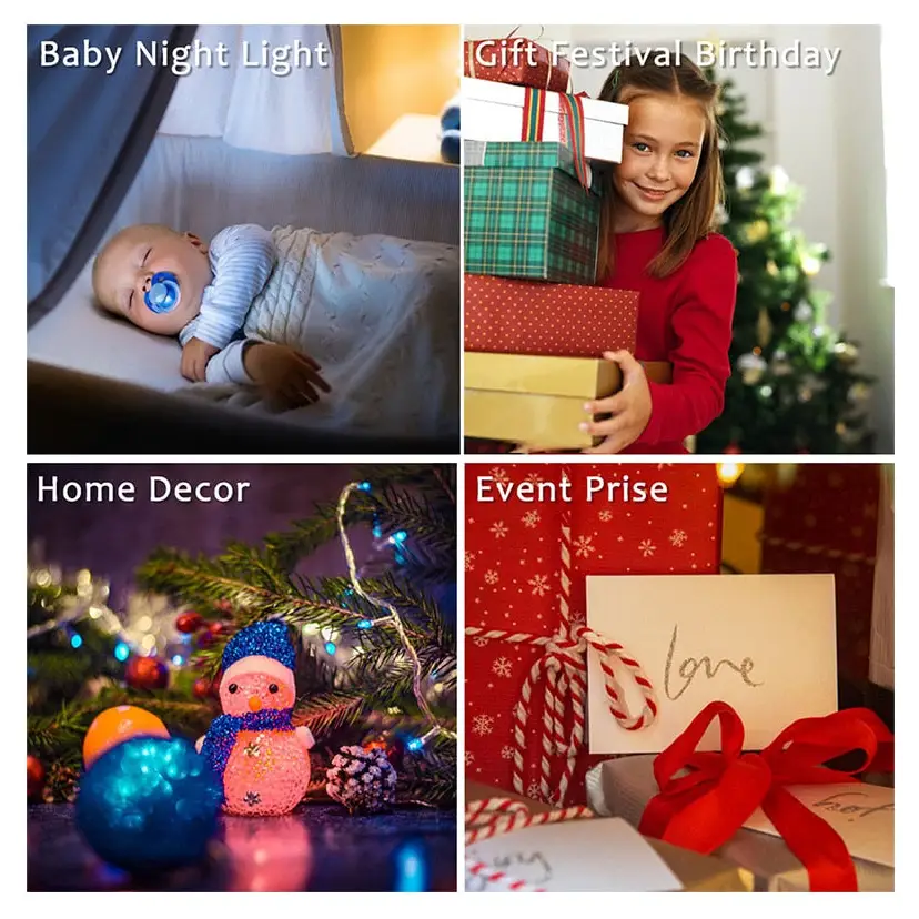 Four-panel collage of holiday-themed scenes with 3D Illusion Effect Buddha lighting decor