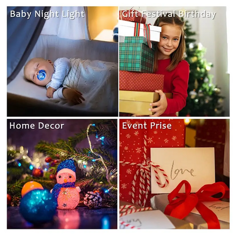 Four-panel collage of holiday-themed scenes with 3D Illusion Effect Buddha lighting decor