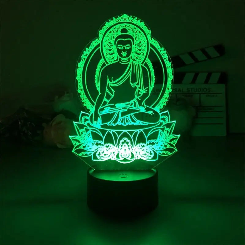 Green LED lamp with 3D Illusion Effect Buddha on lotus for unique lighting decor