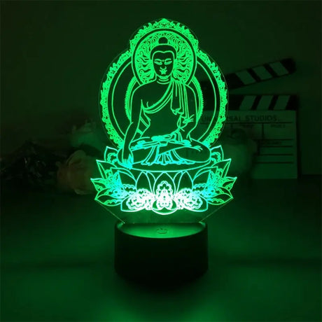 Green LED lamp with 3D Illusion Effect Buddha on lotus for unique lighting decor