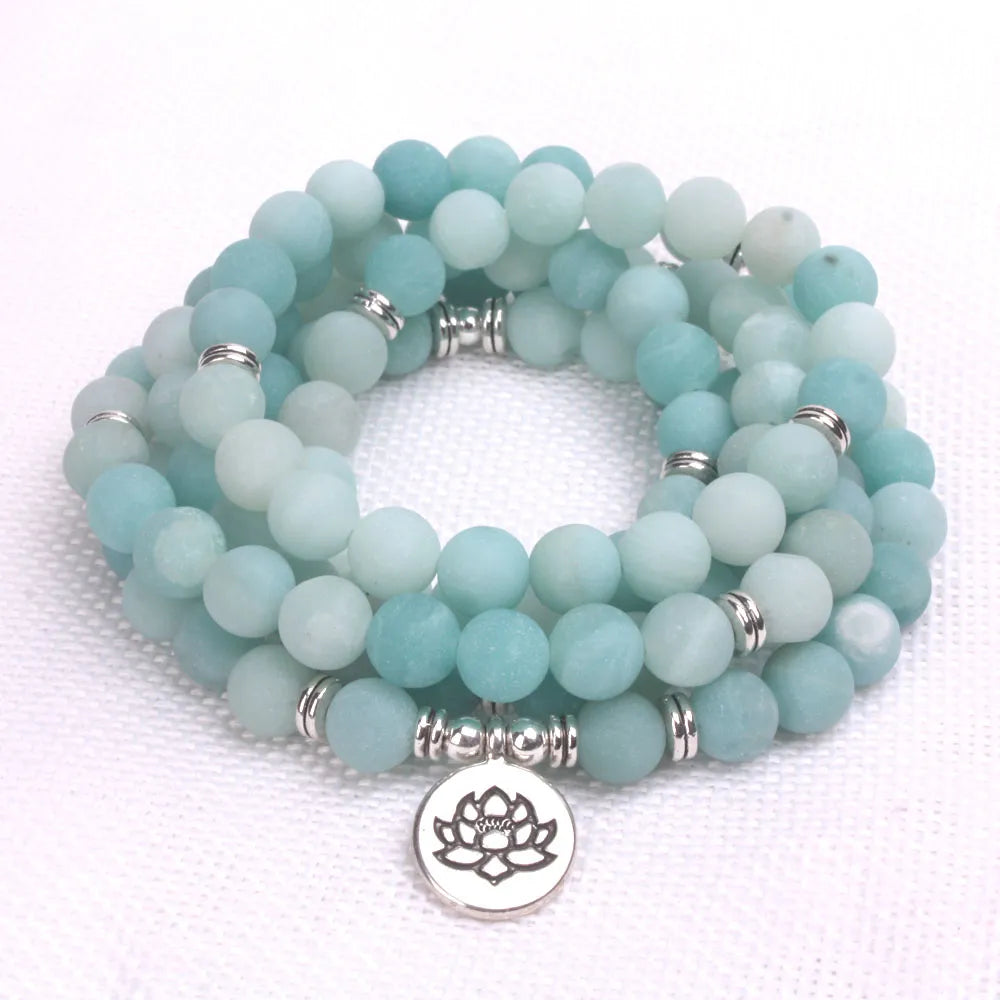 Mala Beads Lotus OM Buddha Charm Bracelet - Amazonite Natural Stone - Spiritual Jewelry