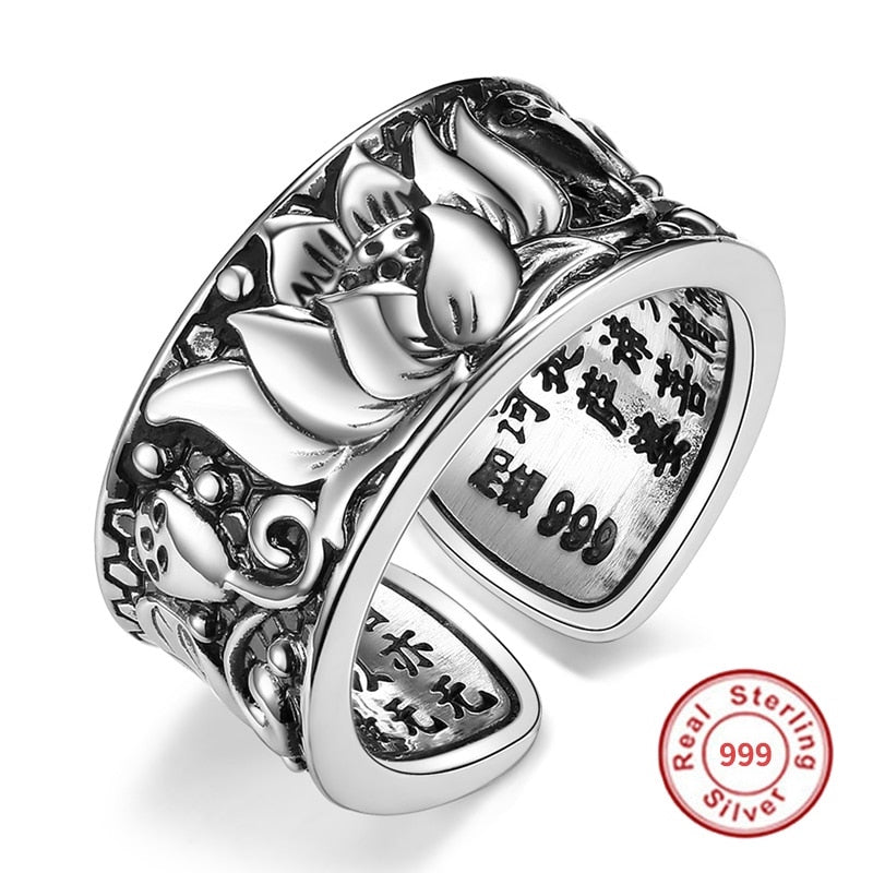 Lotus Queen S999 Solid Sterling Silver Ring Good Luck Ring Adjustable - HOMAURA® 