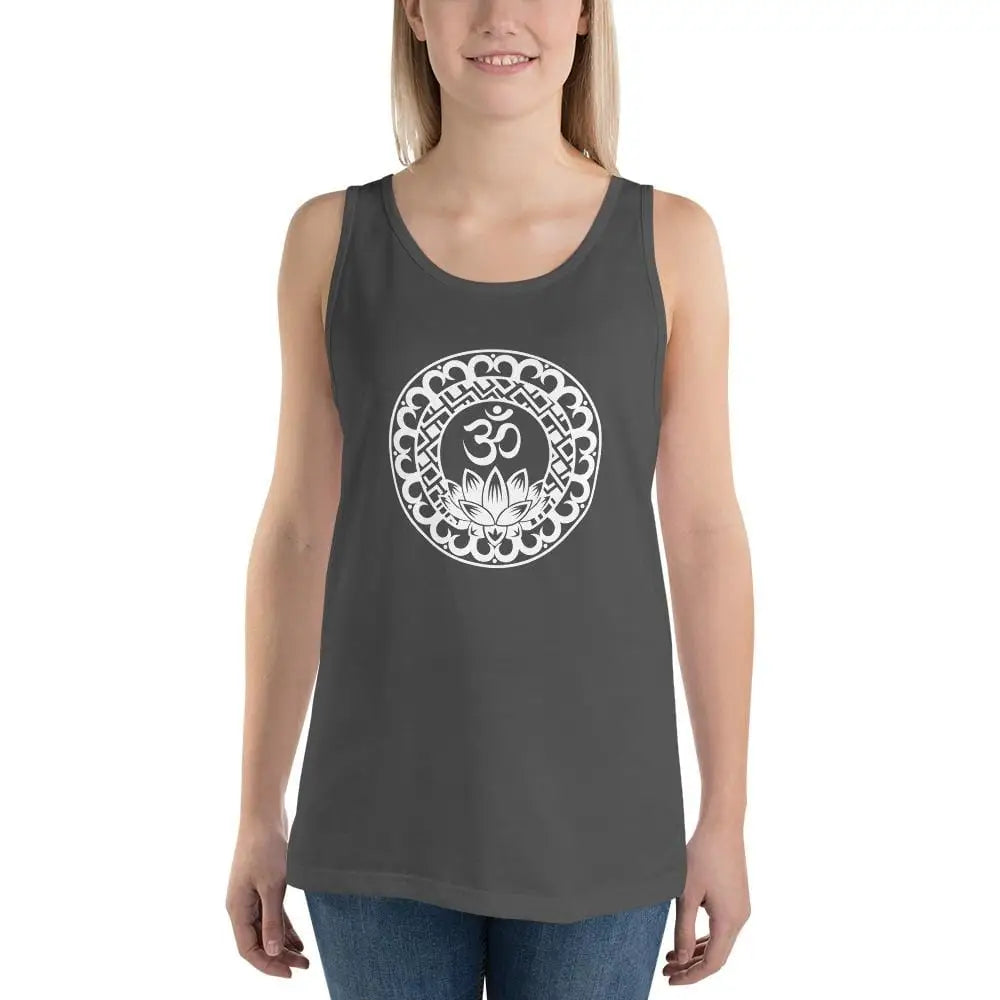 Dark gray Bella Unisex Lotus Om Mandala Tank Top with circular mandala design