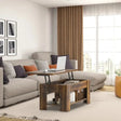 Modern L-shaped gray sectional sofa with throw pillows next to Black Extendable Coffee Table