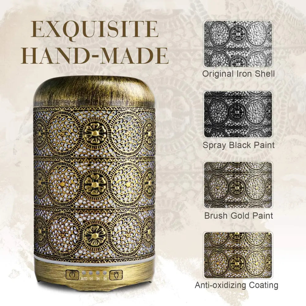Ornate Bronze Metal Essential Oil Diffuser with intricate circular patterns and gold finish