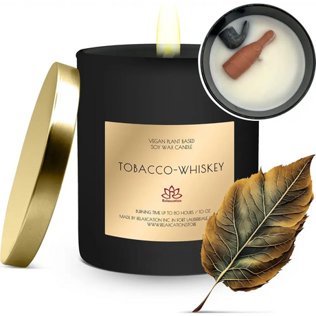 Black candle with gold lid and Tobacco-Whiskey label in Cedar Balsam Scented Soy Candle