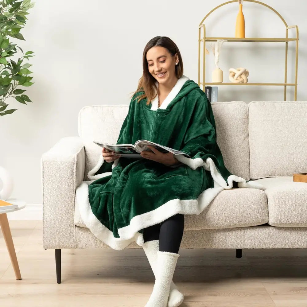 Emerald green Cozy Plush Sherpa Fleece Wearable Blanket with hood and white trim