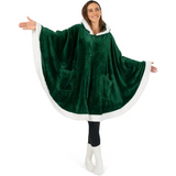 Emerald green fleece wearable blanket with hood, white trim, and front pockets