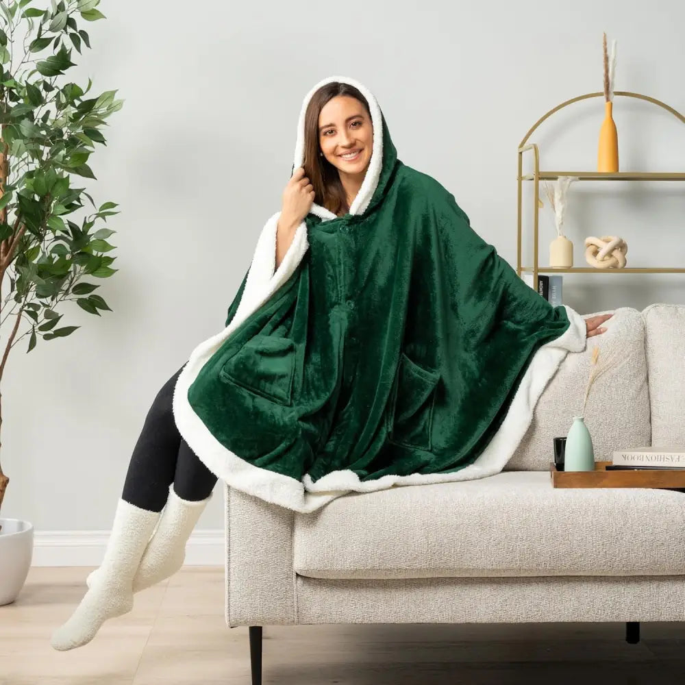 Emerald green fleece wearable blanket with hood and white sherpa trim for cozy comfort