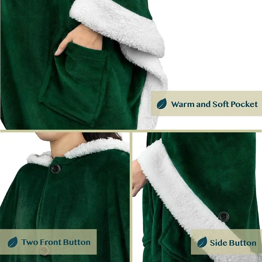 Green hooded fleece wearable blanket with white sherpa trim and decorative buttons