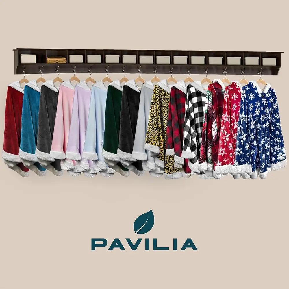 Colorful sherpa-lined jackets on a rack, ideal fleece wearable blanket with hood
