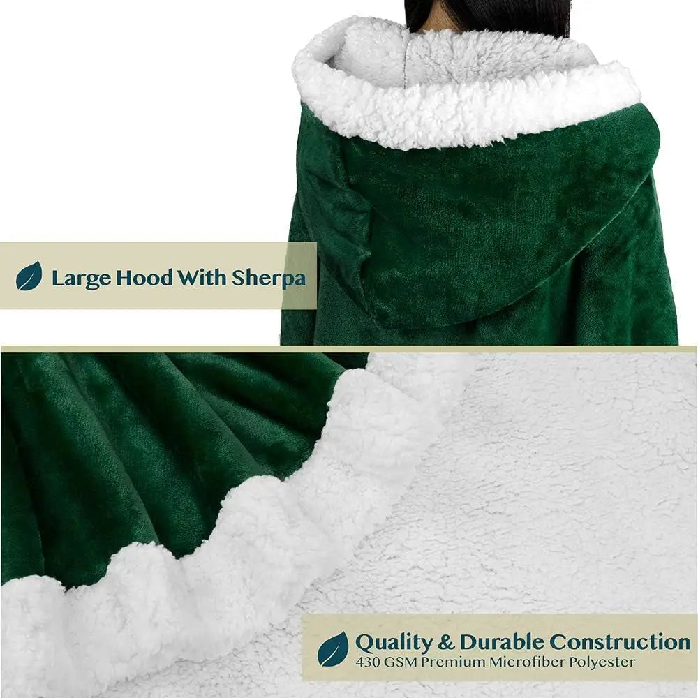 Green Hooded Blanket with White Sherpa Lining for a Cozy Fleece Wearable Experience