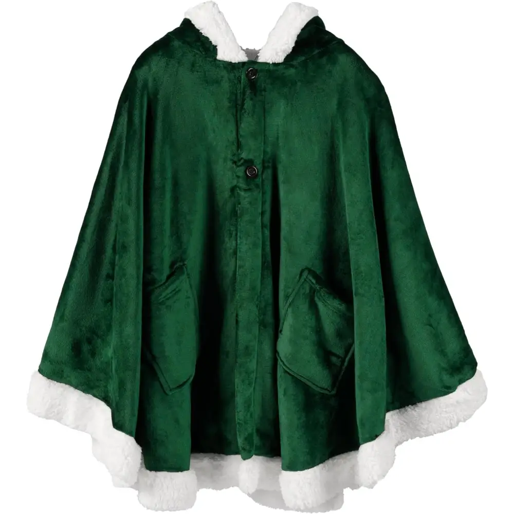 Green velvet hooded fleece wearable blanket with white fur trim and pockets