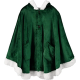 Green velvet hooded fleece wearable blanket with white fur trim and pockets