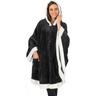 Cozy black fleece wearable blanket with white sherpa trim and button closures