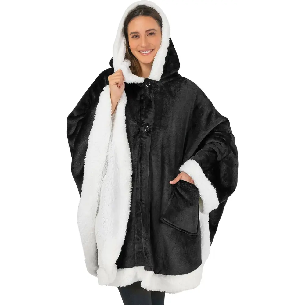 Black hooded poncho with white sherpa lining and pockets for the Cozy Plush Fleece Wearable Blanket
