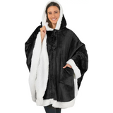Black hooded poncho with white sherpa lining and pockets for the Cozy Plush Fleece Wearable Blanket