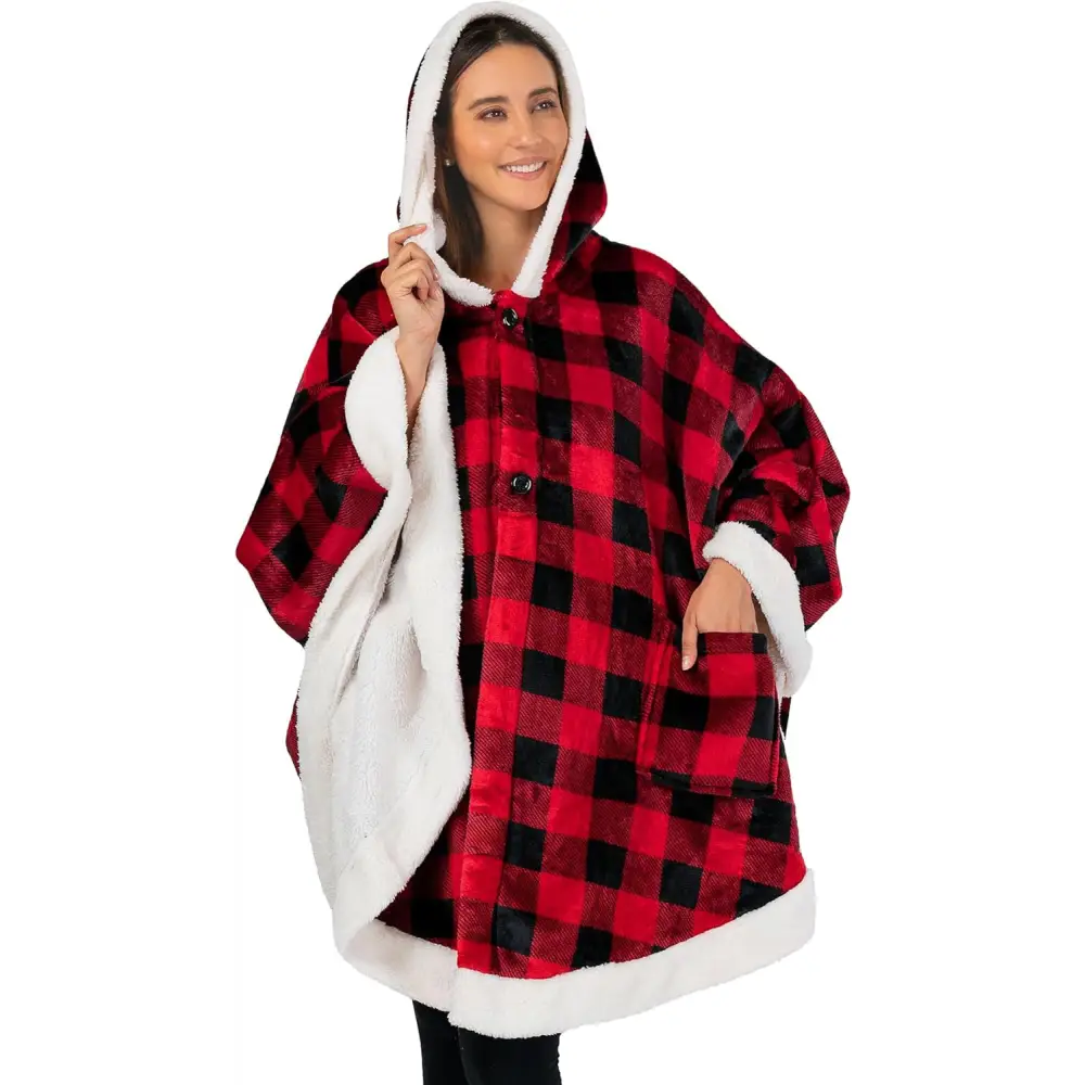 Cozy Buffalo plaid poncho with sherpa lining, a stylish fleece wearable blanket