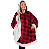 Cozy Buffalo plaid poncho with sherpa lining, a stylish fleece wearable blanket