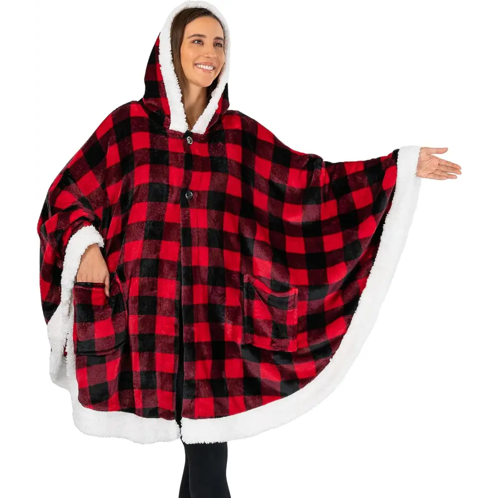 Cozy Buffalo Plaid Fleece Wearable Blanket Poncho with Sherpa Lining and Hood