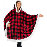 Cozy Buffalo Plaid Fleece Wearable Blanket Poncho with Sherpa Lining and Hood