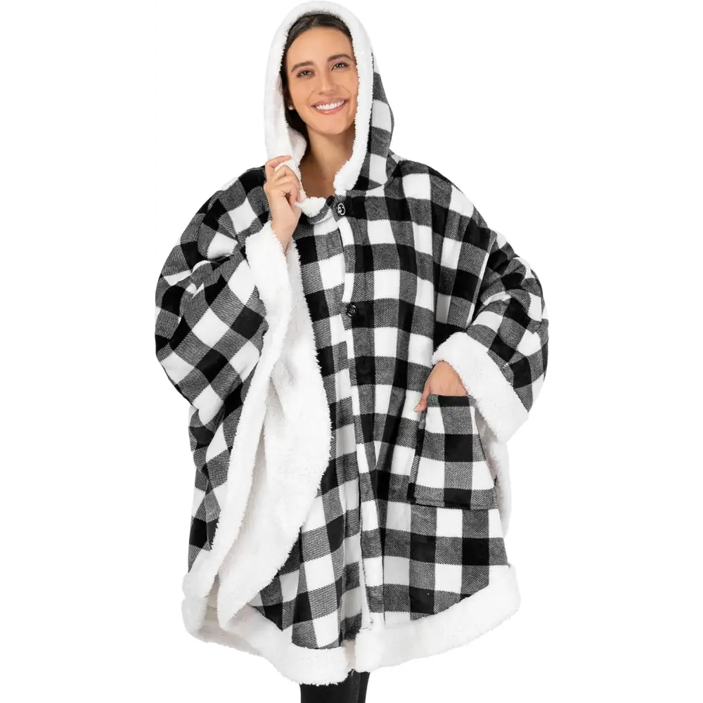 Cozy black and white buffalo plaid fleece wearable blanket hoodie with sherpa lining