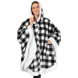 Cozy black and white buffalo plaid fleece wearable blanket hoodie with sherpa lining