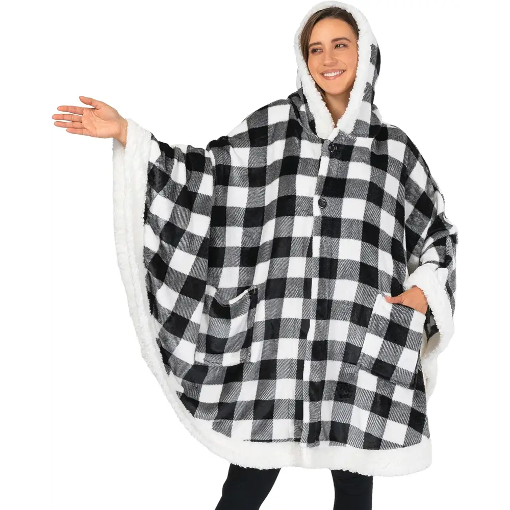 Black and white buffalo plaid fleece wearable blanket with hood and sherpa lining