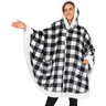 Black and white buffalo plaid fleece wearable blanket with hood and sherpa lining