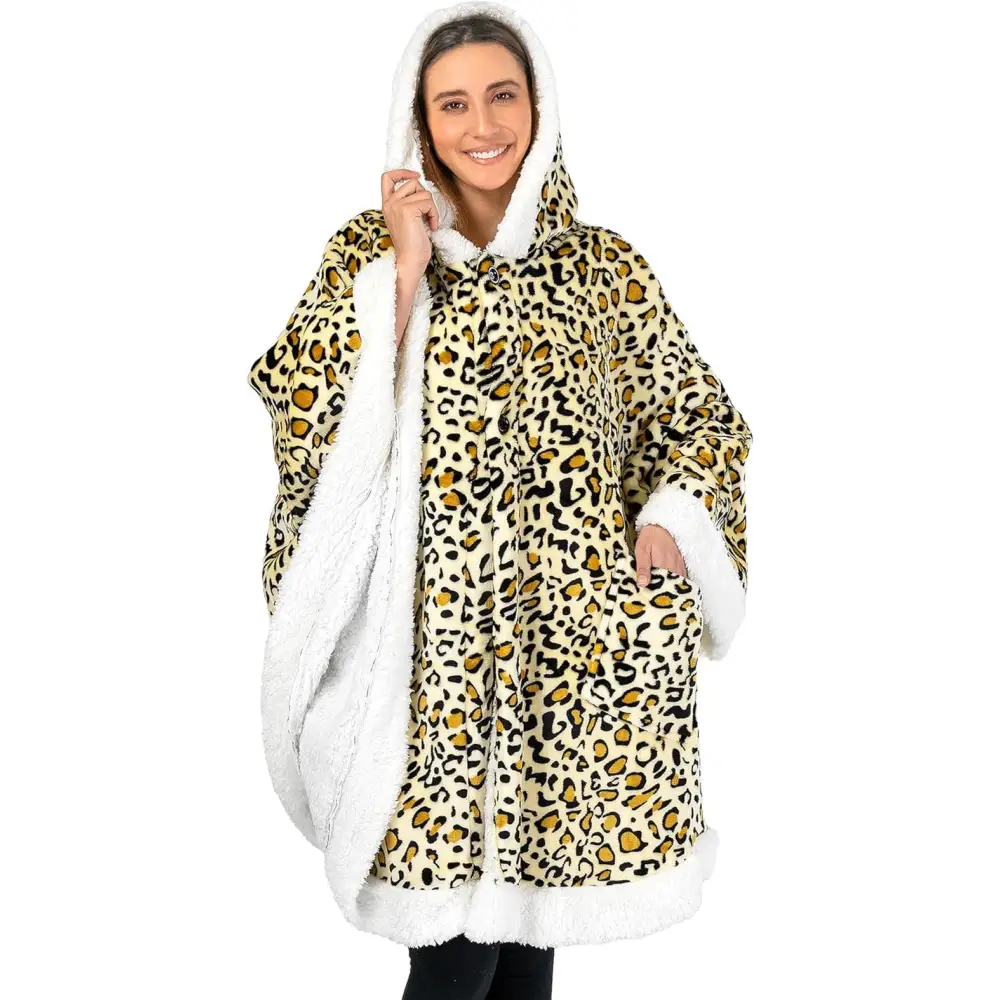 Cozy Plush Sherpa Fleece Wearable Blanket in leopard print and white fleece design