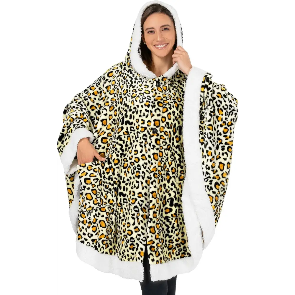 Cozy Plush Sherpa Fleece Wearable Blanket with Hood in leopard print pattern
