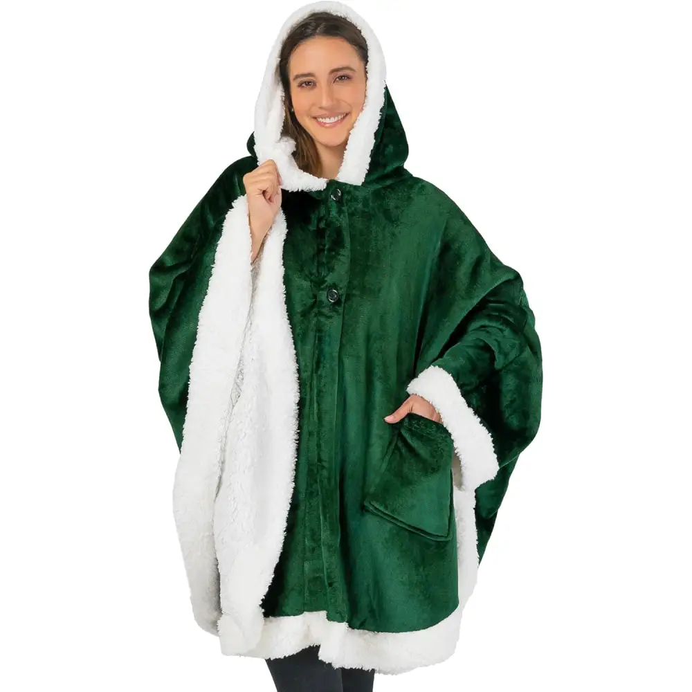 Emerald green fleece wearable blanket with hood and white sherpa lining, featuring pockets