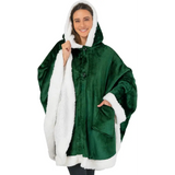 Emerald green fleece wearable blanket with hood and white sherpa lining, featuring pockets