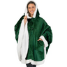Emerald green fleece wearable blanket with hood and white sherpa lining, featuring pockets