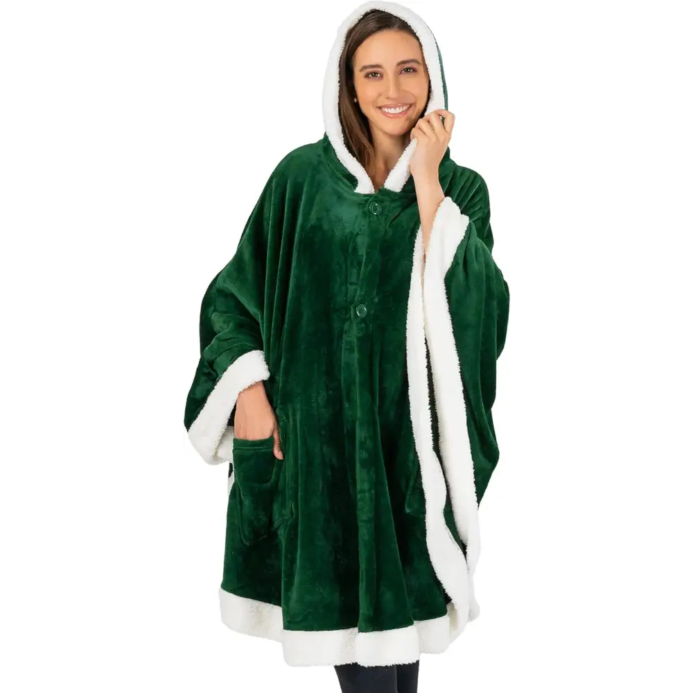 Cozy Plush Sherpa Fleece Wearable Blanket with Hood in green and white trim