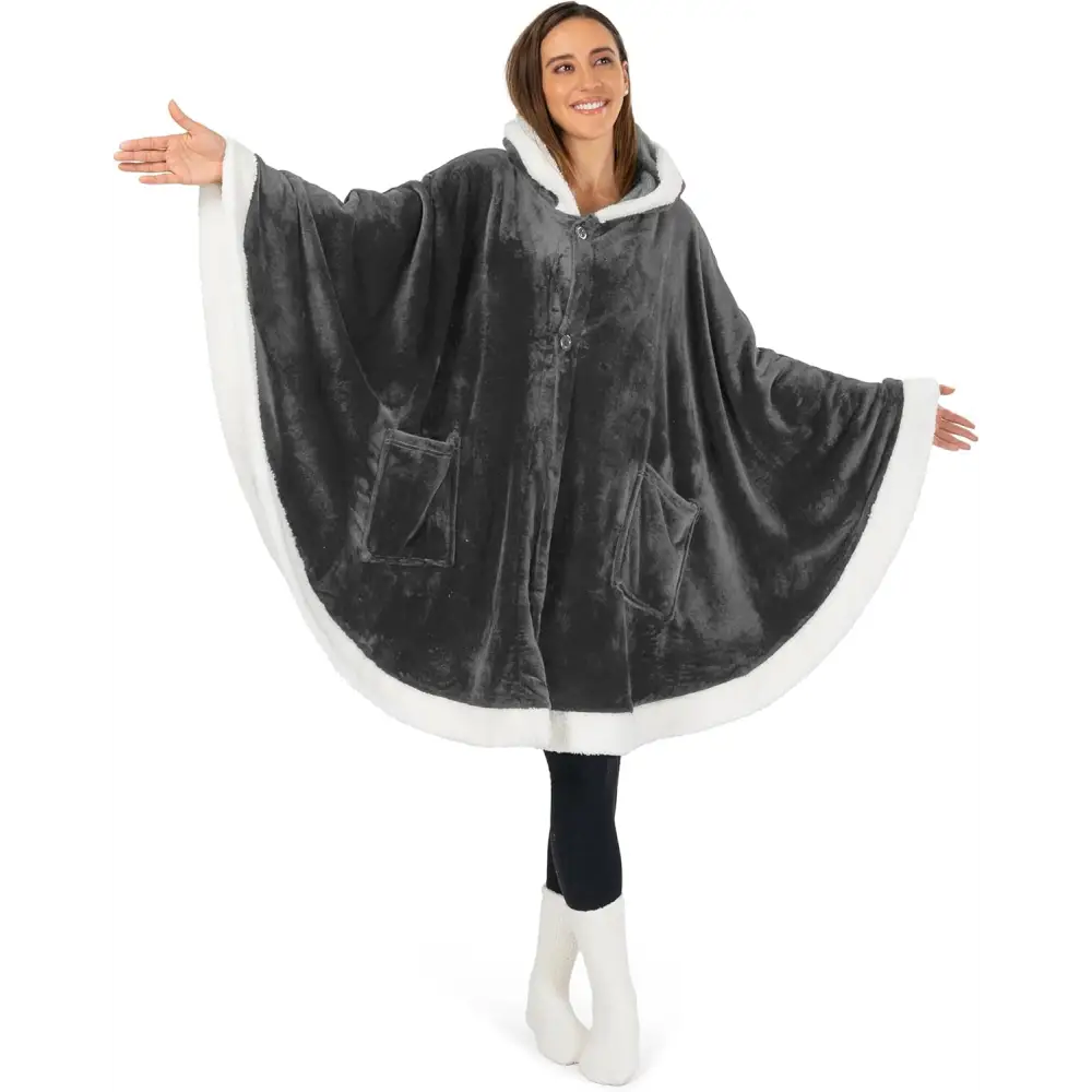 Cozy gray fleece wearable blanket poncho with hood and front pockets, white trim