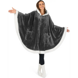 Cozy gray fleece wearable blanket poncho with hood and front pockets, white trim