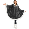 Cozy gray fleece wearable blanket poncho with hood and front pockets, white trim