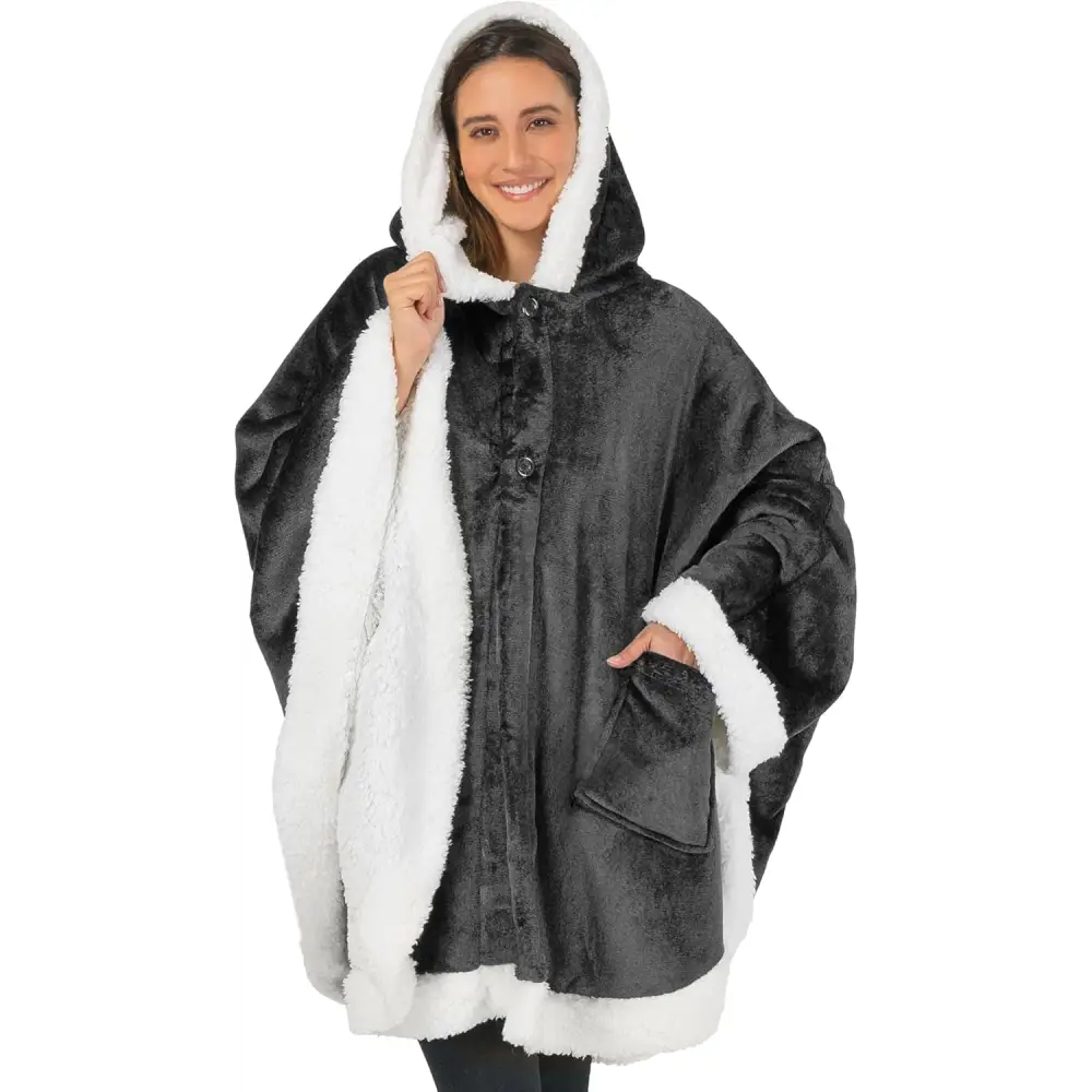 Cozy black and white sherpa-lined hooded poncho, a stylish fleece wearable blanket