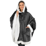 Cozy black and white sherpa-lined hooded poncho, a stylish fleece wearable blanket