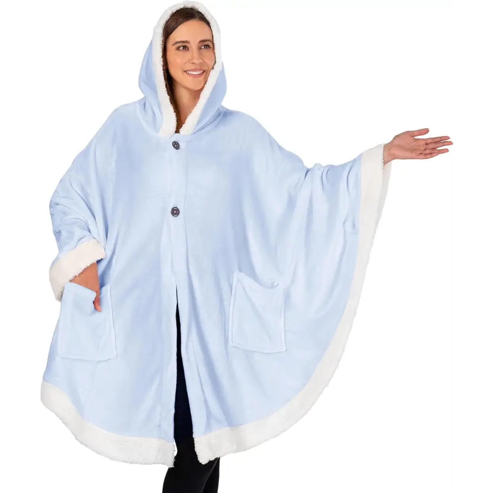 Light blue fleece wearable blanket poncho with hood and white trim for cozy comfort