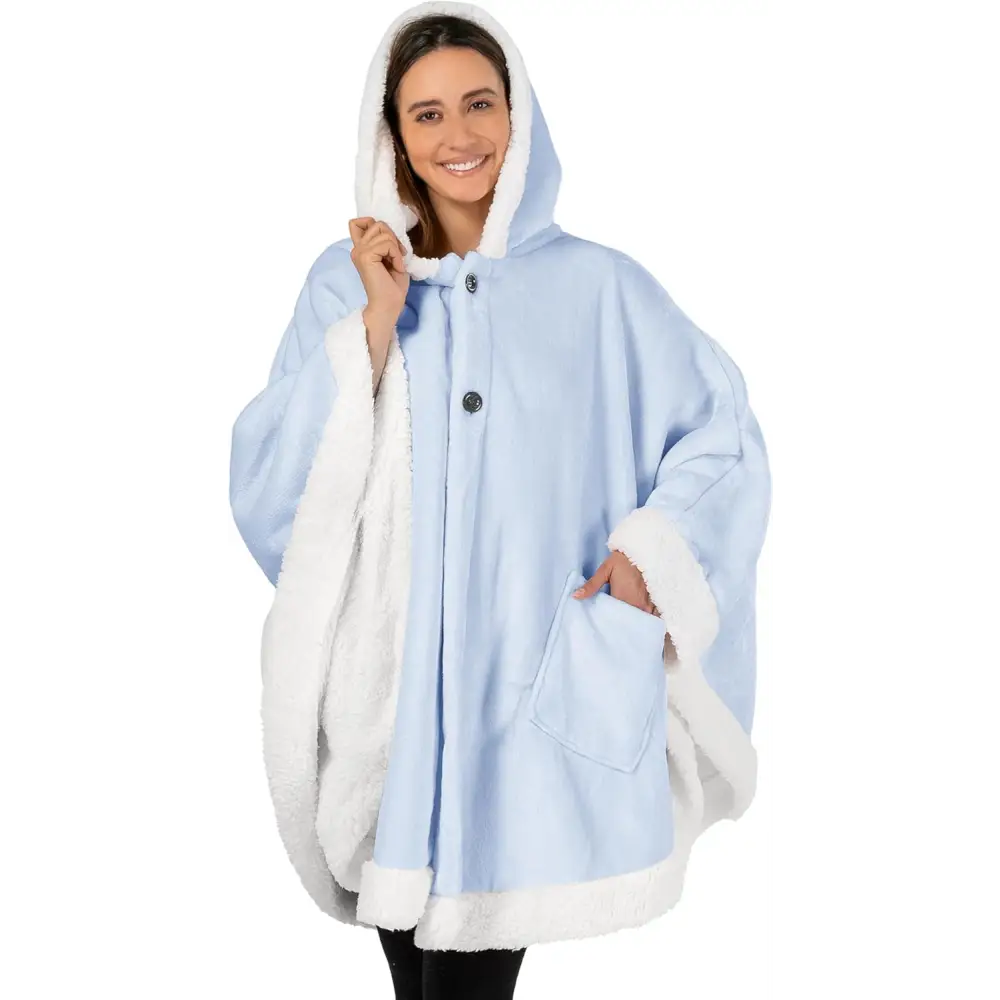 Light blue fleece wearable blanket poncho with white fur trim and button closures