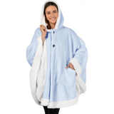 Light blue fleece wearable blanket poncho with white fur trim and button closures