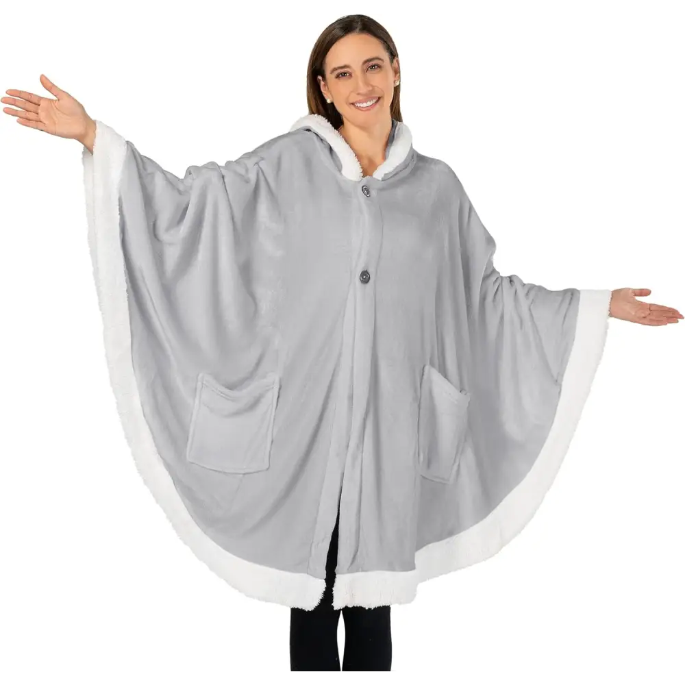 Cozy Plush Sherpa Fleece Wearable Blanket with Hood in gray and white trim with pockets