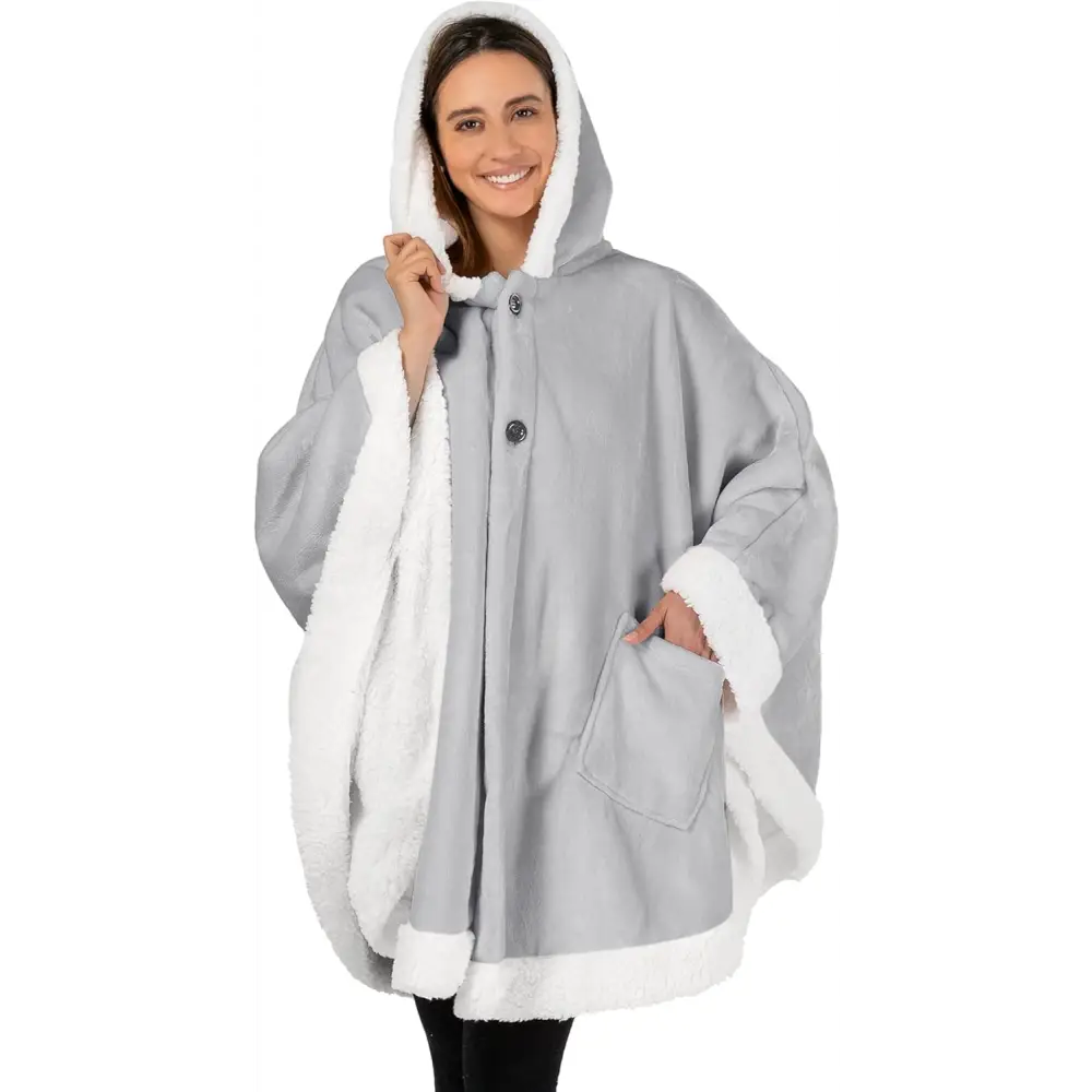 Light gray hooded poncho fleece wearable blanket with white trim and button closures