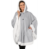 Light gray hooded poncho fleece wearable blanket with white trim and button closures