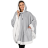 Light gray hooded poncho fleece wearable blanket with white trim and button closures