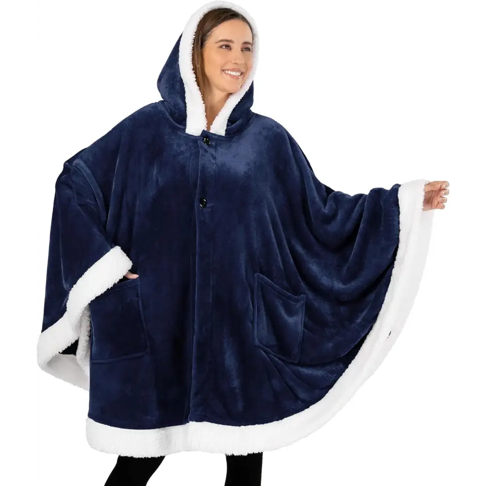 Navy blue fleece wearable blanket poncho with sherpa trim and front pockets