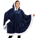 Navy blue fleece wearable blanket poncho with sherpa trim and front pockets